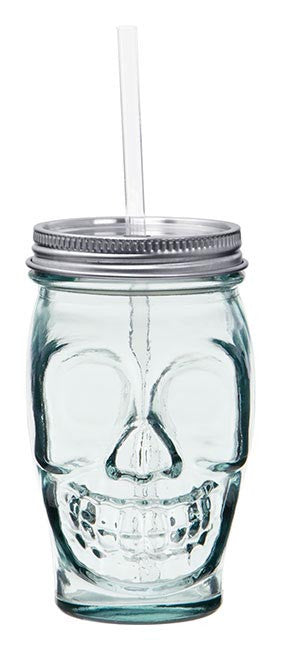 Skull Glass Mason Jar with Lid & Straw